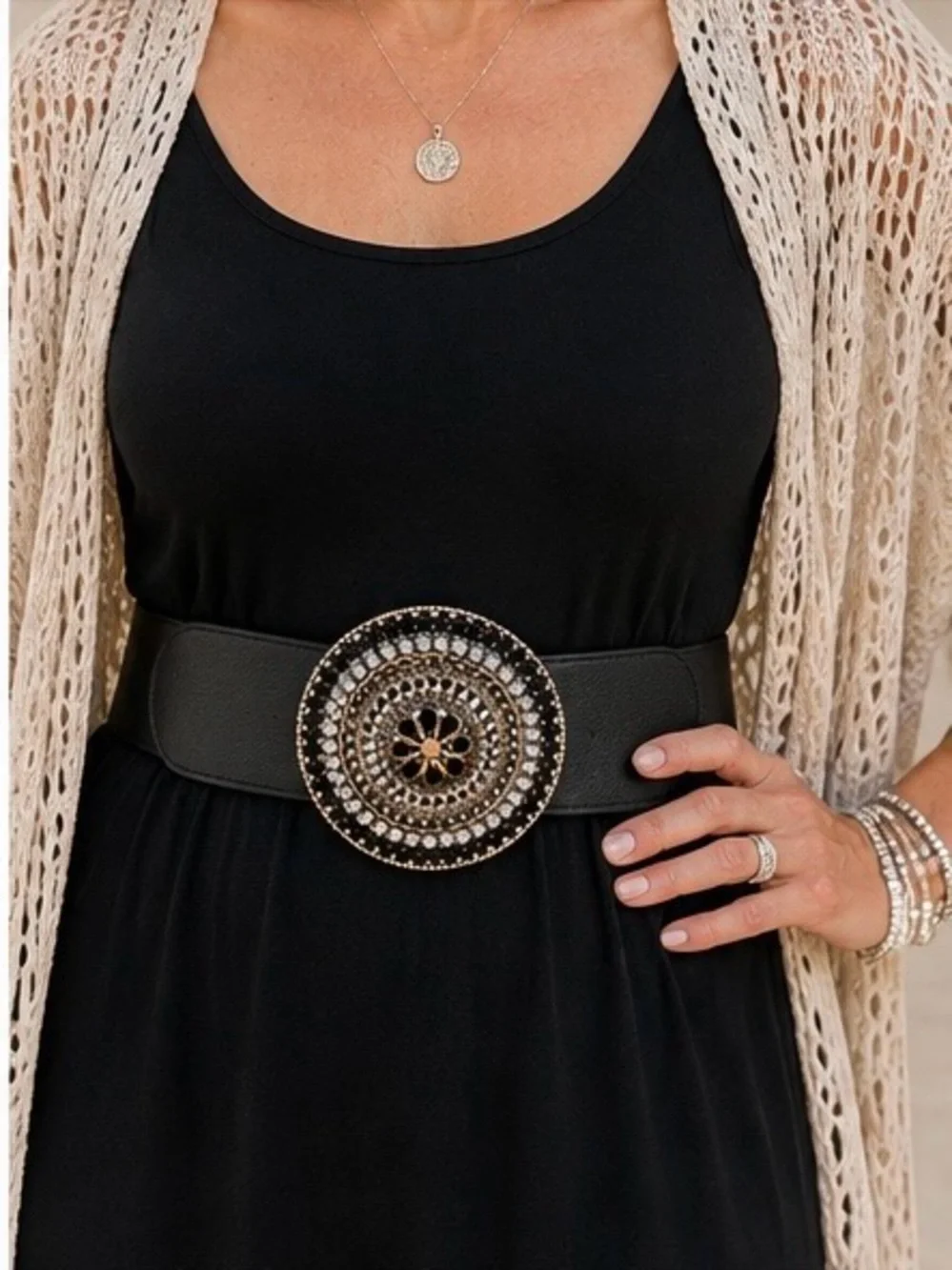 Chico’s Daze Black Leather Slouch Belt Rhinestone Statement Buckle NWT 30”-34”